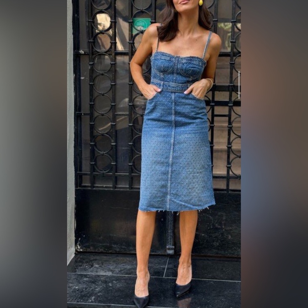 NEW ZARA Denim Dress Bustier Studded Midi Jeans Medium Blue Wash Size XS - Picture 4 of 6